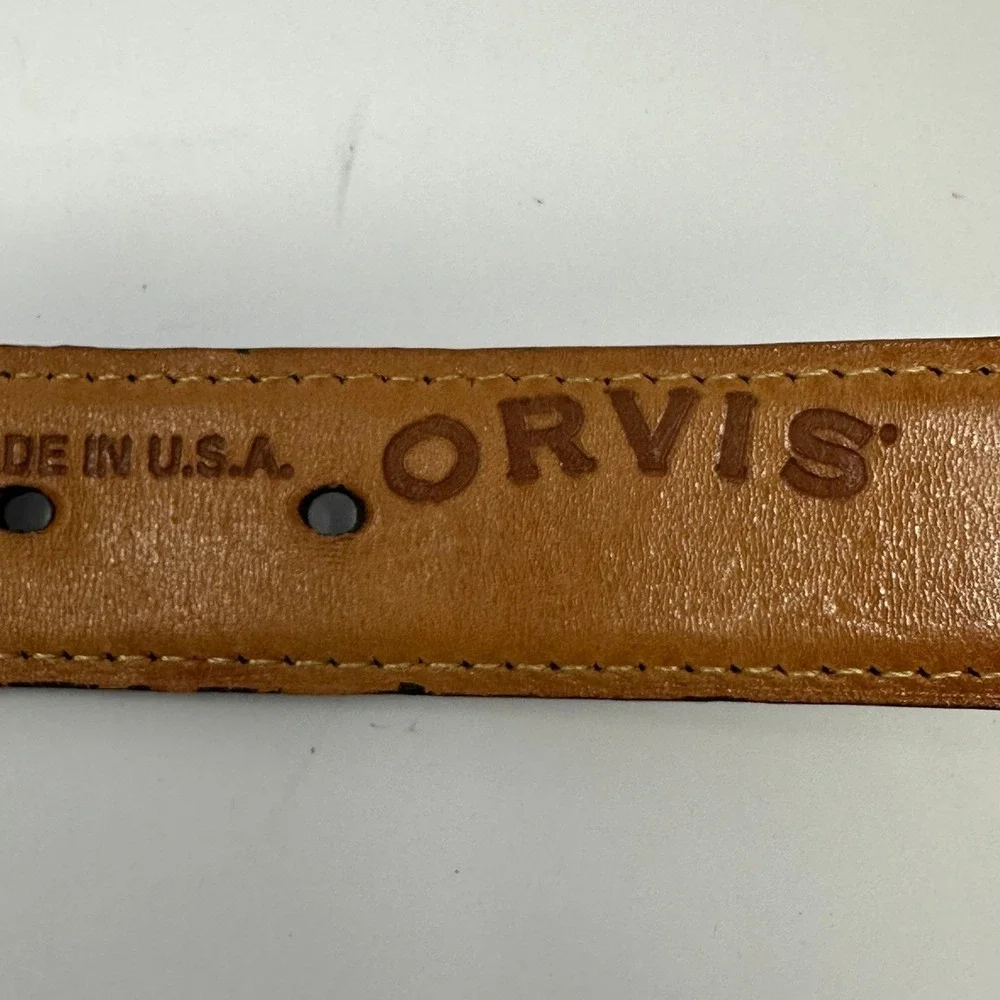 Orvis Mens Belt 42 Navy Blue Canvas Brown Croc Embossed Leather Brass USA Made